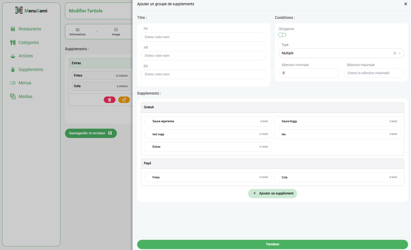 Ajouter/Modifier un Extra